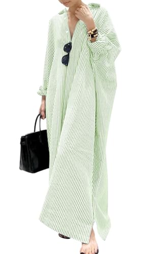 Women's Casual Long Sleeve Button Down Loose Striped Cotton Maxi Shirt Dress