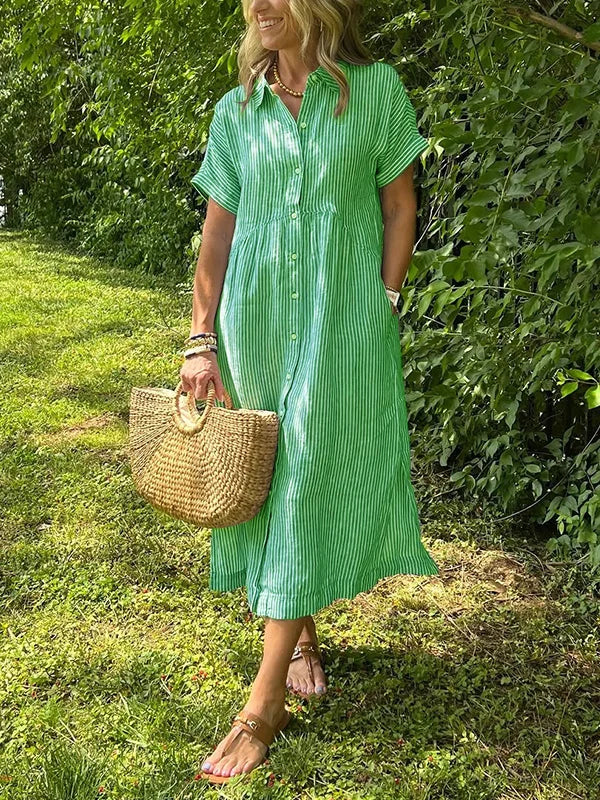 NEW🔥 Striped Lapel Button Down Shirt Dress
