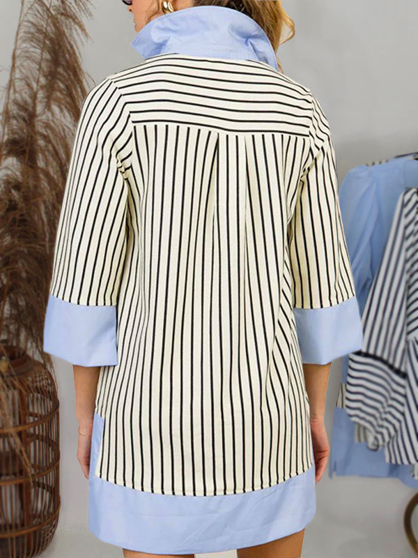 CLEARANCE🔥 Striped Split V Neck Collared Shirt Dress