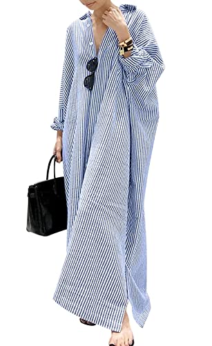 Women's Casual Long Sleeve Button Down Loose Striped Cotton Maxi Shirt Dress
