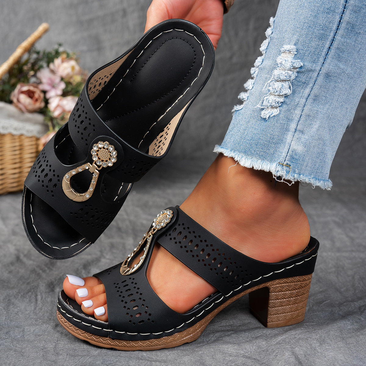 Orthopedic Rhinestones Heel Sandals