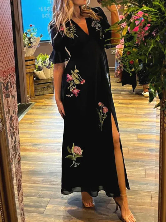 NEW🔥 V Neck Floral Embroidered Ruffle Dress- Tax Free