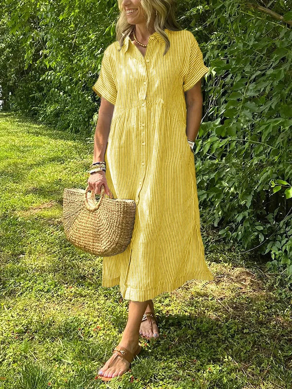NEW🔥 Striped Lapel Button Down Shirt Dress