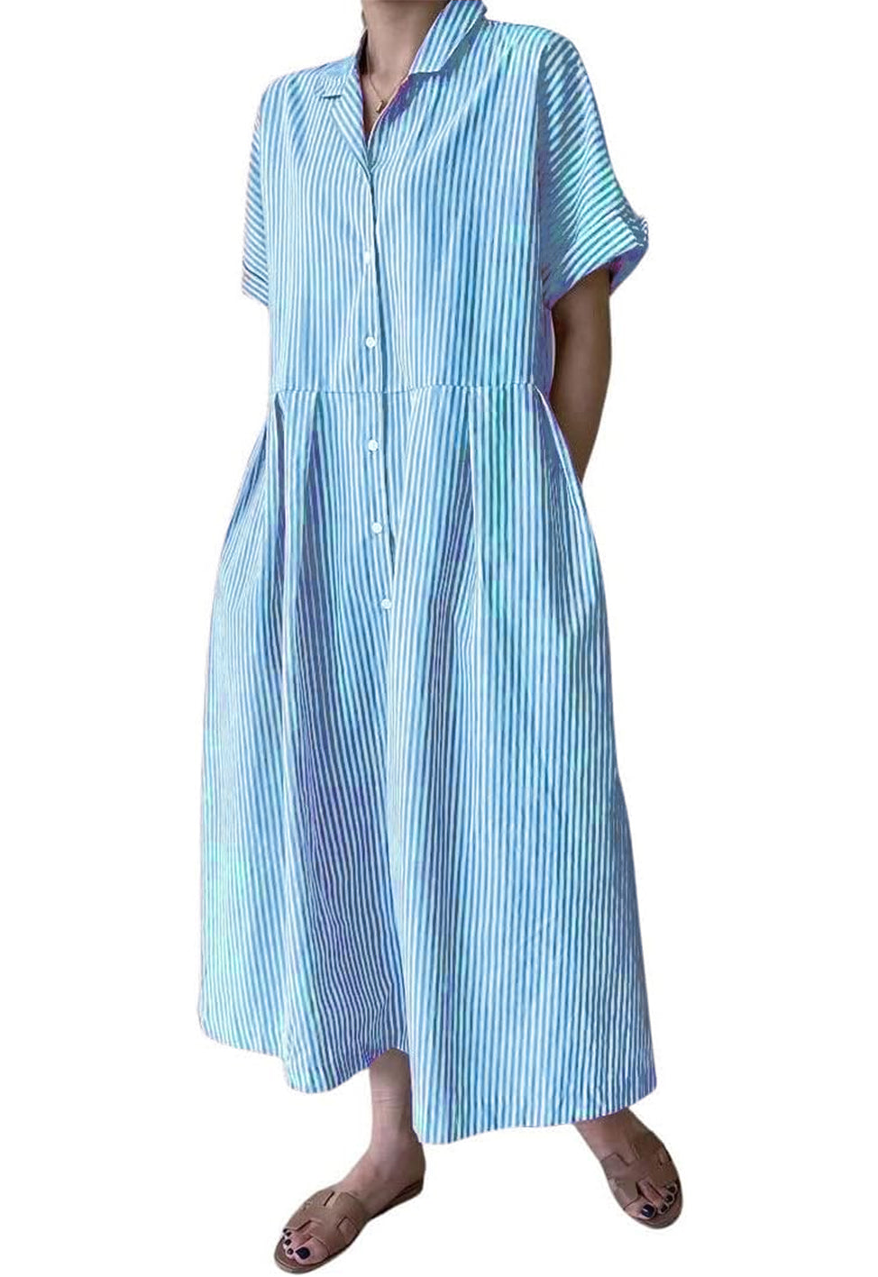 Women's Cotton Striped Shirt Dress Button Up Short Sleeve Midi Long Shift Dress with Pockets(Buy 2 free shipping)